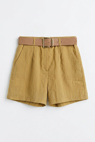 Quzu High Waist Textured Belt Pack Mini Shorts Beige