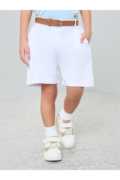 Styli Boys White Solid Woven Shorts with Belt