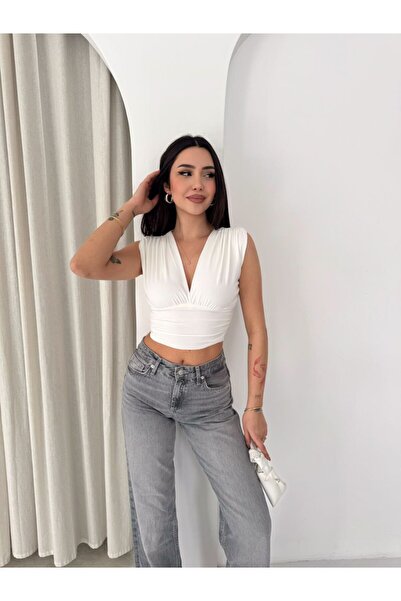 FORSACE KadınV Yaka Drapeli Büzgü Detaylı Kolsuz Crop Bluz