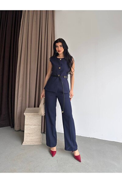 Bak'ap Premium Δερμάτινο Με λεπτομέρεια ζώνης Gold Düğmeli Γιλέκο - Σετ παντε...