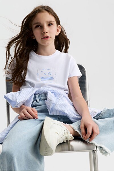 Ugly Duck 08-14 Years Old Girls' Ocean Stone T-Shirt - White-Blue