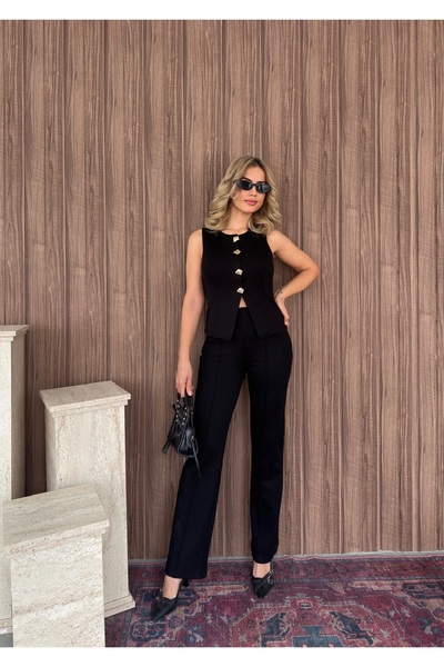 SERENCEE Women's Vest Pants Suit Lycra Fabric Metal Stylish Button Detail Cas...