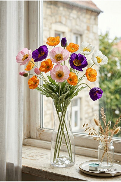 Rasa Lüks Yapay Gelincik Dalı - 3 Başlı Gerçek Dokulu Dekoratif Yapay Çiçek