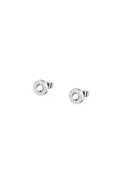 Trussardi T-Logo earrings, silver stainless steel, white crystals, earring si...