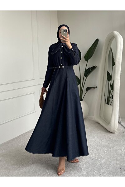 MVK GİYİM Fular Bağlamalı Kemerli Tensel Kot Elbise