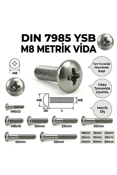 Cıvata Deposu DIN 7985 M8X45 YSB Metrik Vida 100 Adet