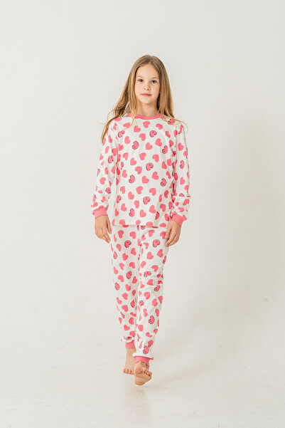 Miniworld Kız Çocuk %100 Pamuk Kalp Desenli Pijama Takımı