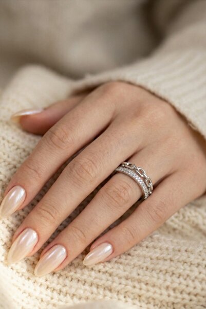 Alexis Carrel خاتم فضي قابل للتعديل بتصميم مزدوج من بوند مرصّع بالأحجار و تفا...