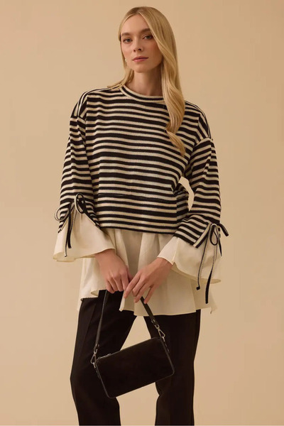 SEÇİL Kadın Çift Kumaşlı Çizgili Gömlek Detaylı Tunik - Siyah