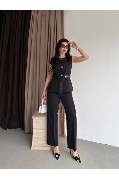 Bak'ap Premium Leather Belt Detail Gold Buttoned Vest - Trousers 2-Piece Set