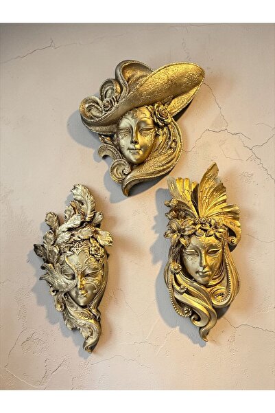 Peramari Dekoratif Polyester Üçlü Duvara Asmalı Kadın Yüz Maske Tablo Gold Es...