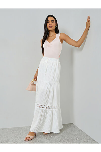 Take Two By Styli White Lace Insert Tiered Maxi Skirt