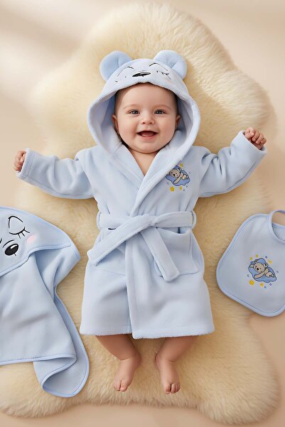Rivaİstanbul Bear Blue 100% Cotton Baby Bath Set