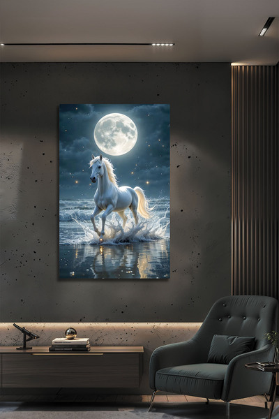 B&G DESIGN Pictură decorativă pe sticlă cu tematică Lună Plină și Cal Alb, cu...