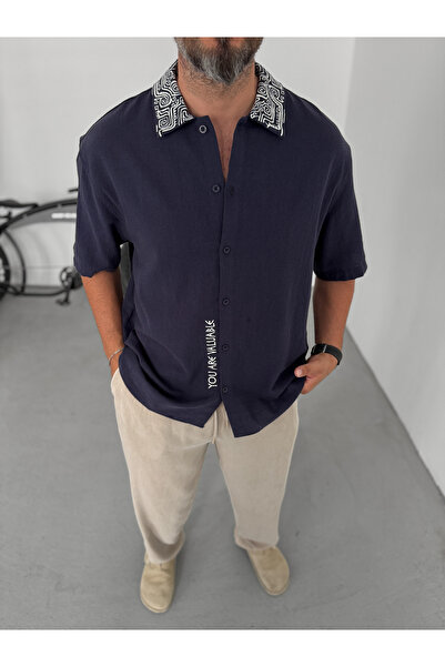 BYBASICMAN Mornarsko plava košulja sa kratkim rukavima i kragnom Vezena YP-5020