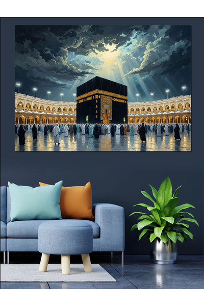 Tablo Mega Gece Vakti Işıklı Kabe Manzarası Dekoratif Kanvas - Mdf Ahşap Tablo
