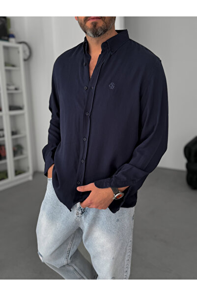 BYBASICMAN Mornarsko plava Vezena Tensel Oversize kroj košulja G-5792