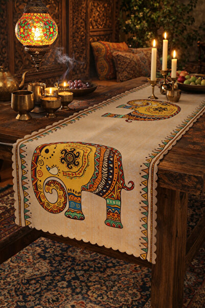 moontime alaçatı Etnik Hint İşlemeli Fil Desenli Kadife Dekoratif Runner 45x1...