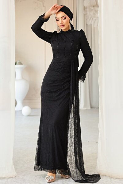 Olcay Beli Cape-detailliertes, mit Steinen verziertes Spitzen-Hijab-Abendklei...