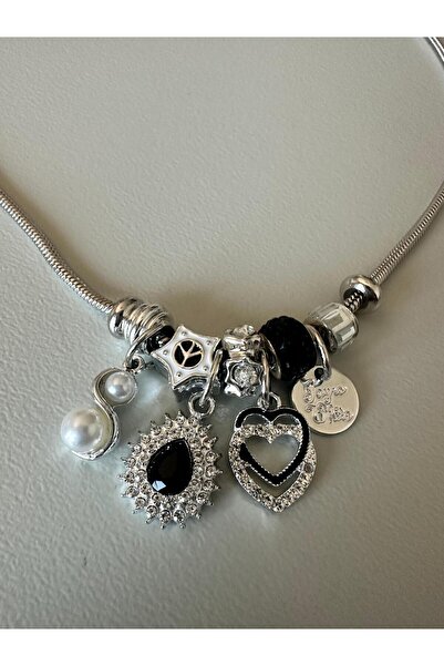 Rasa Gümüş Kaplama Çoklu Charm Detaylı Stil Kolye