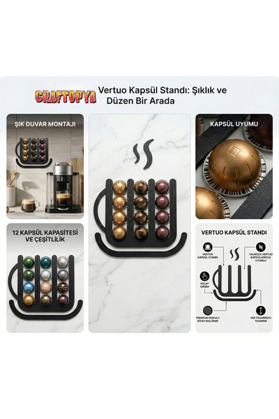 craftopya Nespresso Vertuo Uyumlu Dekoratif Duvara Monte Siyah Kahve Kapsül Tutucu Stand (12 Kapasiteli)