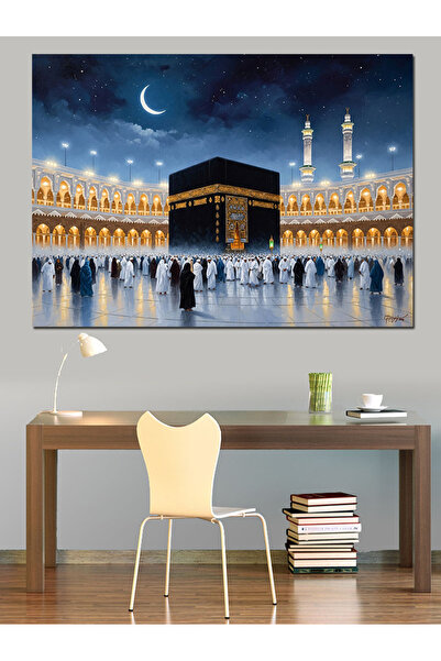 Tablo Mega Dolunayda Kabe Ve Hac İbadeti Dekoratif Kanvas - Mdf Ahşap Tablo