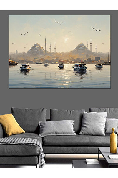 Tablo Mega Gün Batımında İstanbul Silüeti Manzarası Dekoratif Kanvas - Mdf Ah...