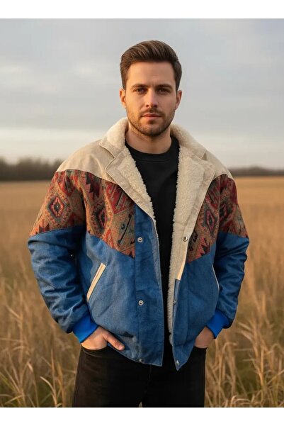 CANMODA (7880) Recien Unisex Fur-Trimmed Yaka Vintage Aztek Jacket Oversized ...