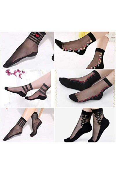 Ozzy Socks 6 Çift Kadın Siyah Desenli Tül Çorap Şık Ve Zarif Günlük Tasarımlı Modern Modeller