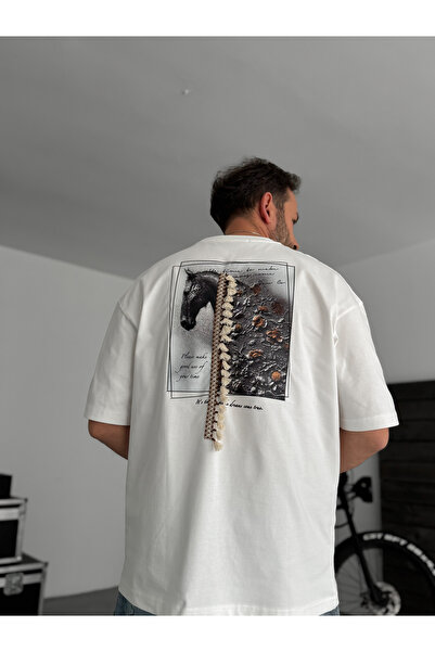 BYBASICMAN Beli Sa resama konj Štampano Oversize kroj T-shirt SW-5106