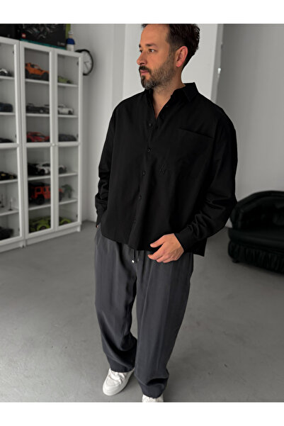 BYBASICMAN Crna košulja sa džepovima Vezena Oversize kroj TW-1054
