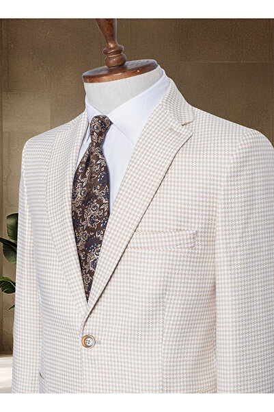 Sergio Ferraro Light Beige Houndstooth Pocket Italian Style S Slim Fit Classi...