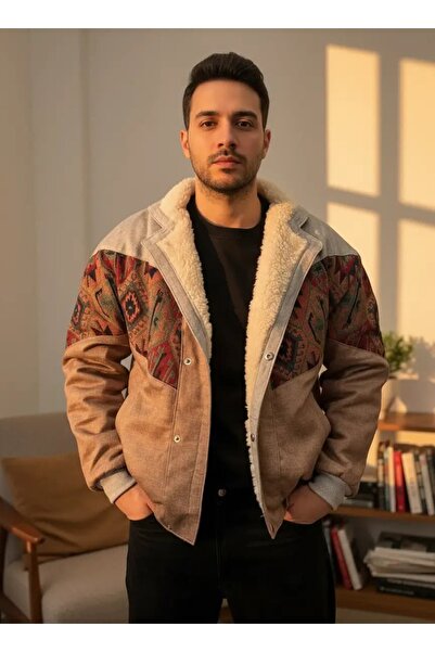 CANMODA (7881) Recien Unisex Fur-Trimmed Yaka Vintage Aztek Jacket Oversized ...