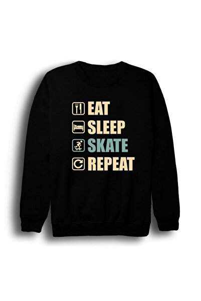 fame-stoned Eat Sleep Skate Repeat - Kaykay Printed Unisex 100% Cotton Crew N...