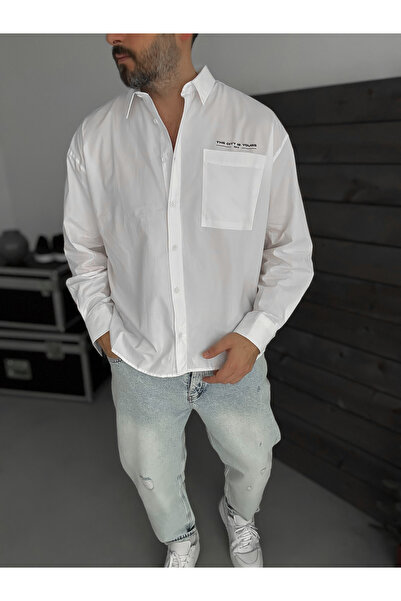 BYBASICMAN Bela Štampano Oversize kroj Košulja TW-1057