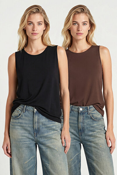 Lovelyİstanbul 2-Pack Sleeveless Viscose Blouse Lrn0010 Brown Black
