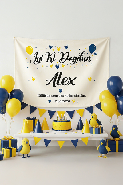 Vagonik Kişiye Özel Taraftar Temalı Temalı Sarı-Lacivert Doğum Günü Happy Bir...