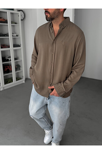 BYBASICMAN Svetlo smeđa Vezena Tensel Oversize kroj Košulja G-5792