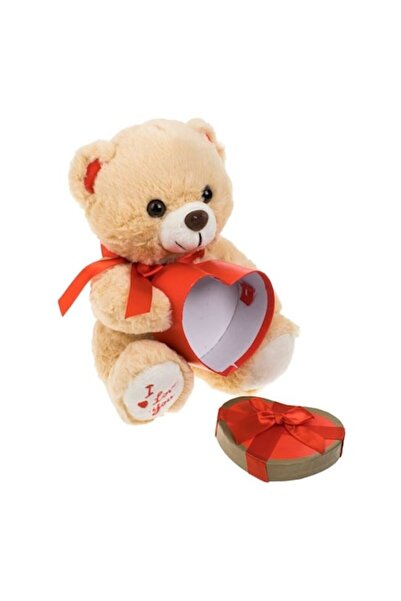 OEM Ursulet de plus, Cu mesaj brodat, Cutie cadou in forma de inima, 25 cm, Bej