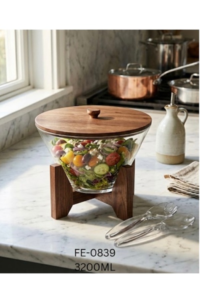 Generic وعاء سلطة زجاجي بغطاء خشبي وحامل - 3200 مل