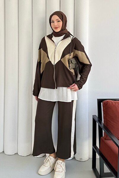 Modaensarbutik Renkli Paraşüt Detay Pantolonlu Tesettür Takım-KAHVERENGİ