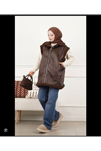 Rita Kadın Kahverengi Kürk Detaylı Deri Görünümlü Fermuarlı Yelek
