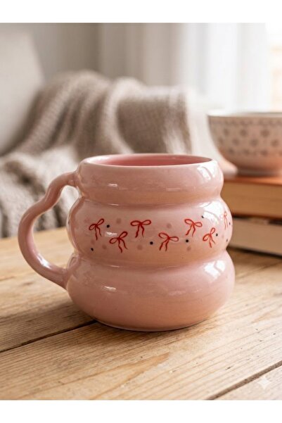 PALTO TASARIM Handmade Cream Shiny Pink Bubble Mug with Ribbon Design - Handc...