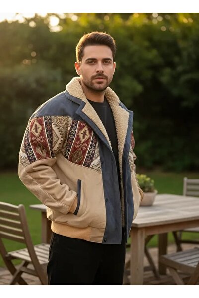 CANMODA (7878) Recien Unisex Fur-Trimmed Yaka Vintage Aztek Jacket Oversized ...