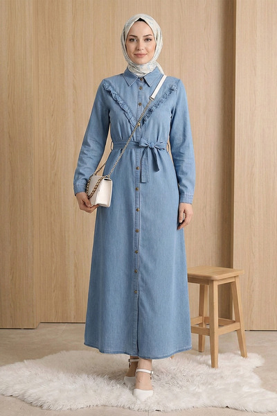 FERHEL فستان دينيم بخصر مزين بأزرار كاملة من تيسترور - أزرق