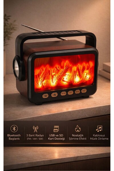 FaroxTech Şömine Görünümlü Dekoratif Nostaljik Radyo & Bluetooth Hoparlör - Ç...