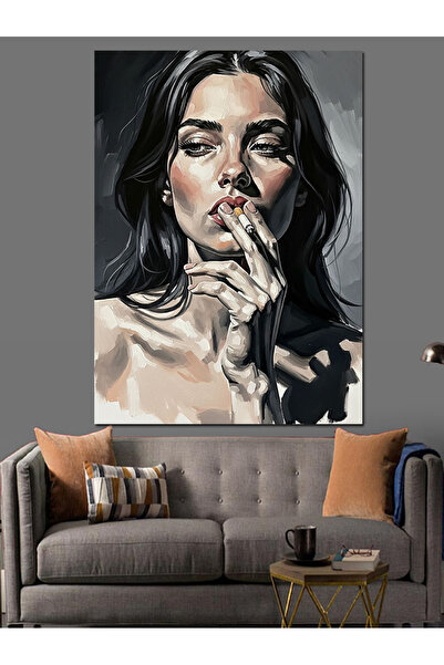 Tablo Mega Sigara İçen Modern Kadın Portresi Dekoratif Kanvas - Mdf Ahşap Tablo