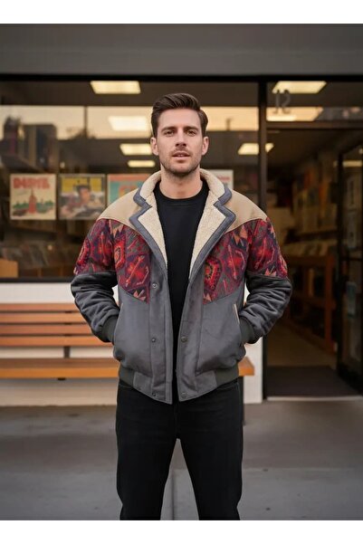 CANMODA (7879) Recien Unisex Fur-Trimmed Yaka Vintage Aztek Jacket Oversized ...