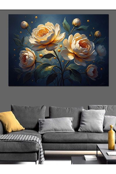 Tablo Mega Altın Işıklı Zarif Şakayık Çiçekleri Dekoratif Kanvas - Mdf Ahşap ...