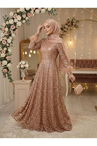 KADİR KORKMAZ GİYİM Kadın Pulpayet Astarlı Hakim Yaka Tesettür Abiye Elbise